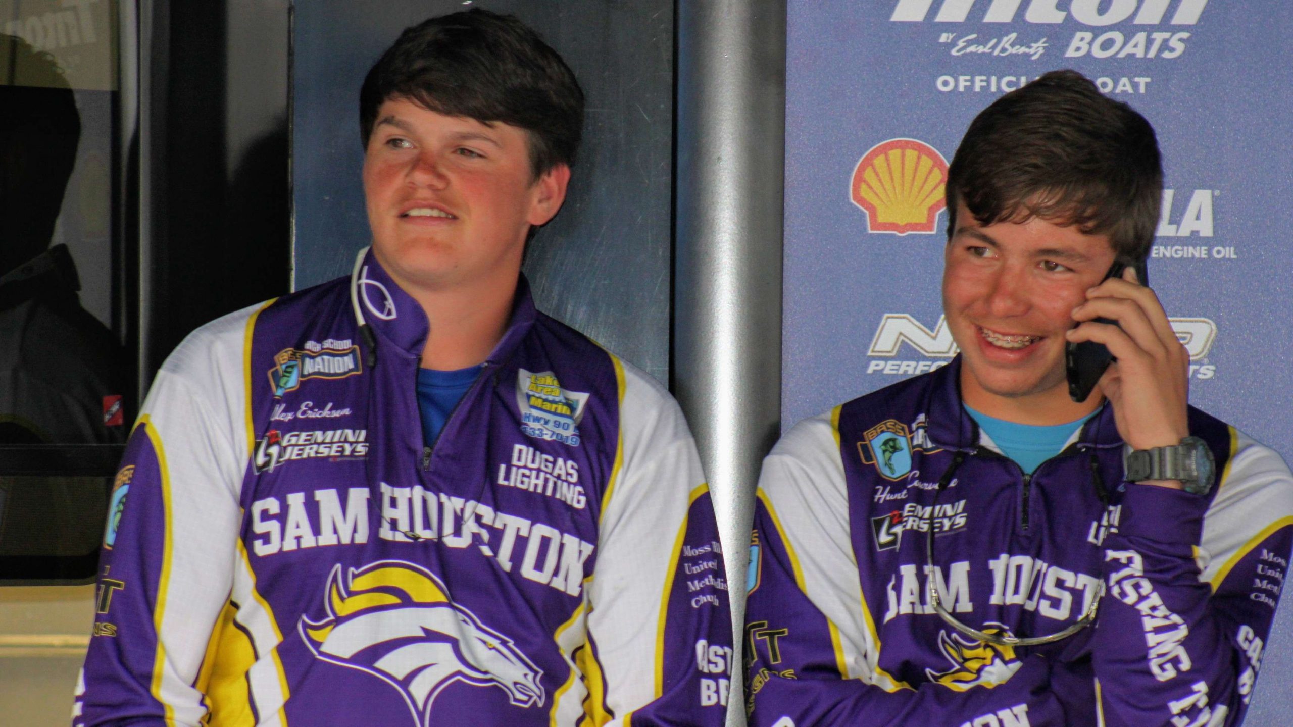 Erickson and Courvelle realize they've dodged a bullet, and won the
  2017 Costa Bassmaster High School Central Open. Courvelle makes a
  phone call to a friend to share the good news, while Erickson looks
  proudly to the crowd.
