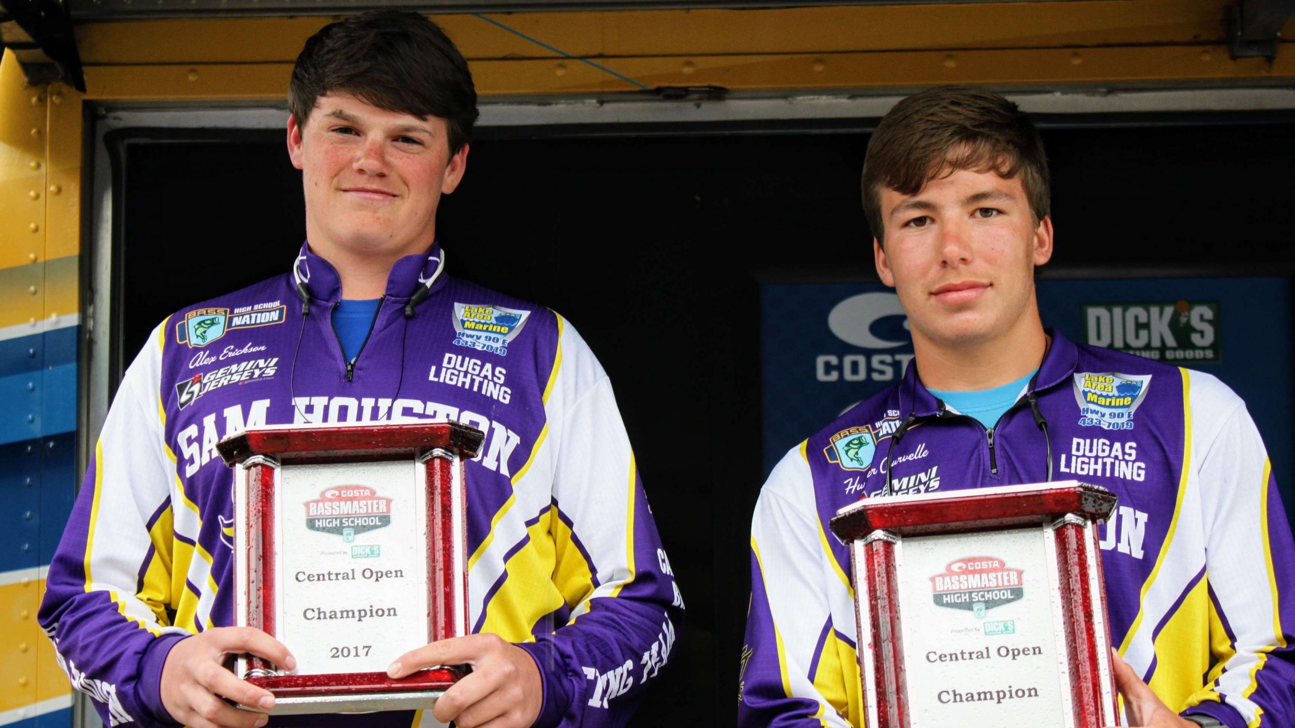 And there they are -- Sam Houston High School's Alex Erickson and
  Hunter Courvelle, the Costa Bassmaster High School Central Open
  champions. They'll be going ot the Bassmaster High School Classic at
  the end of March, and earned a spot in the national championship
  tournament to be held in June. They also won $1,500 for the Sam
  Houston High bass fishing team.
