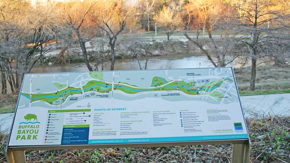 Buffalo Bayou Park lies on the west side of downtown Houston. The Bayou flows through the north side of the downtown. Walking/jogging trails offer exercise.