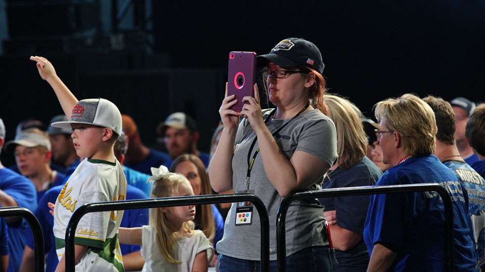 Sara Frye, the social media director at B.A.S.S., does a Facebook Live of the weigh-in until the feed could be fixed. 