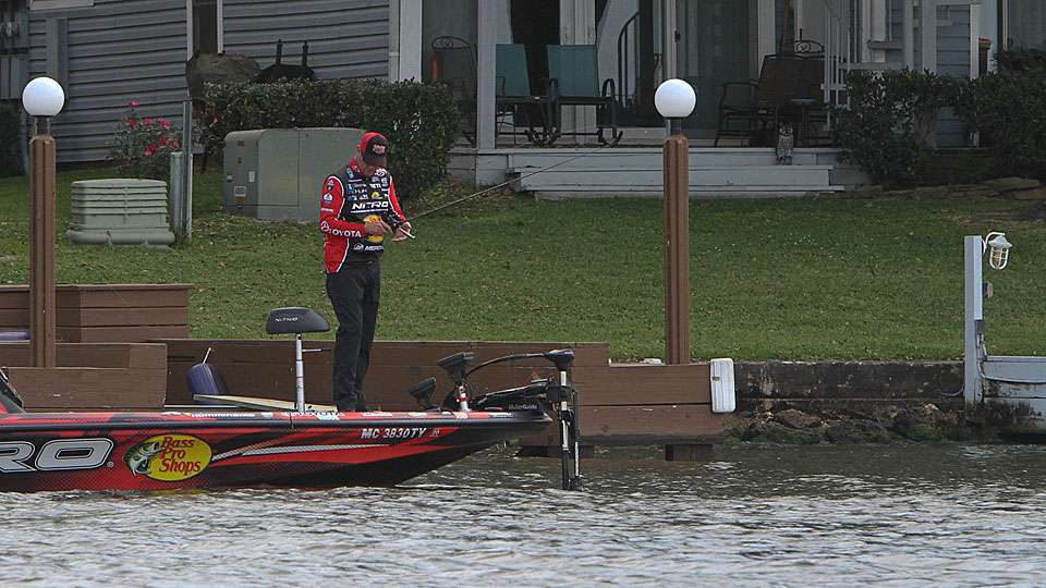 Four-time Classic champion Kevin VanDam works along a seawall on the lower end of the lake on Friday.