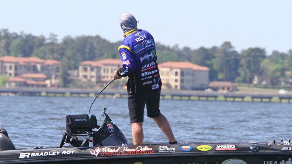 Still in search of his fifth fish with less than 10 minutes remaining in the day, Bradley Roy connects with another one on his most productive spot on Conroe.
