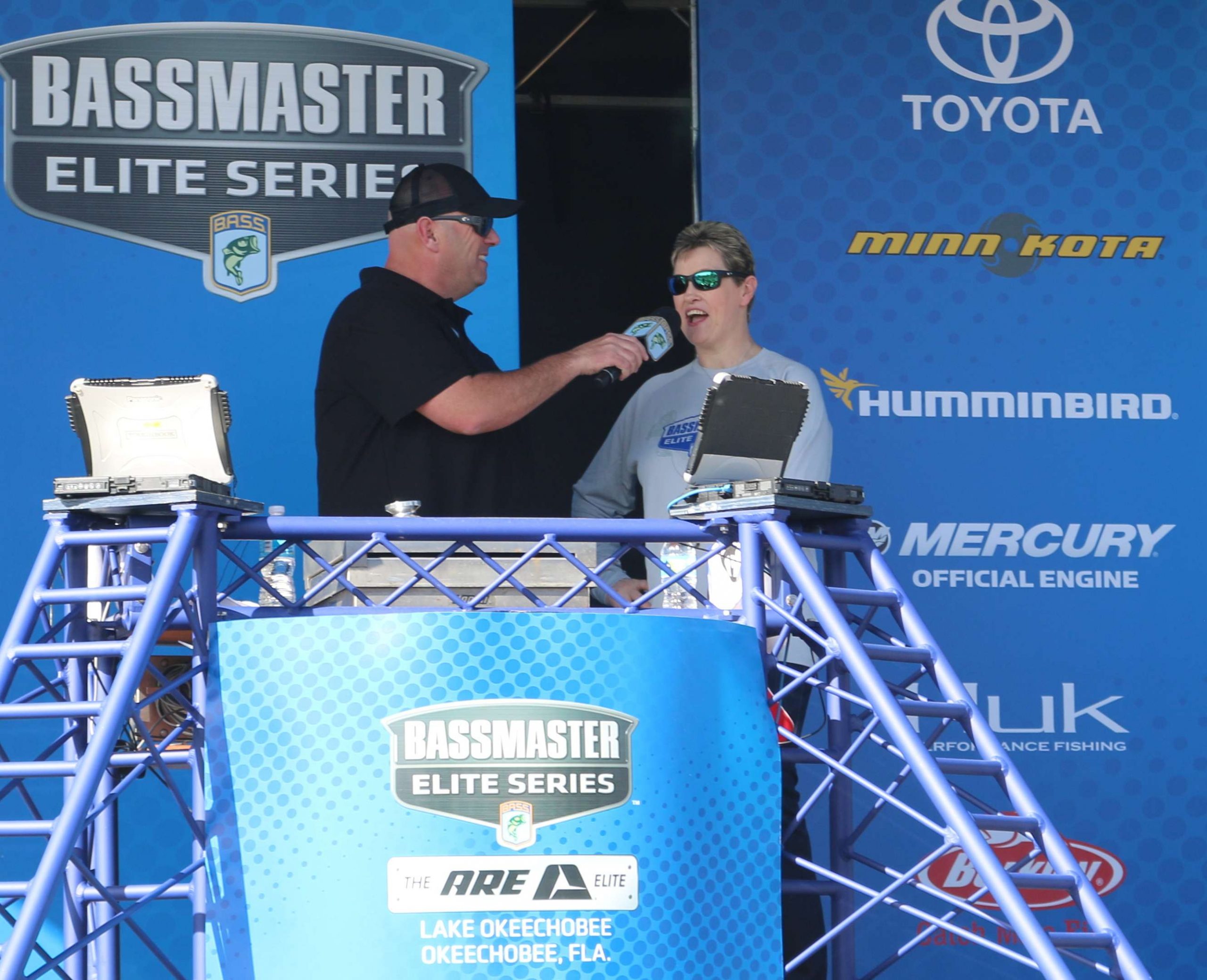Ronda Conway, winner of the Fish with Bobby Lane sweepstakes sponsored by Visit Florida is introduced to the crowd at the Bassmaster Elite event final day weigh-in at Okeechobee, Fla.