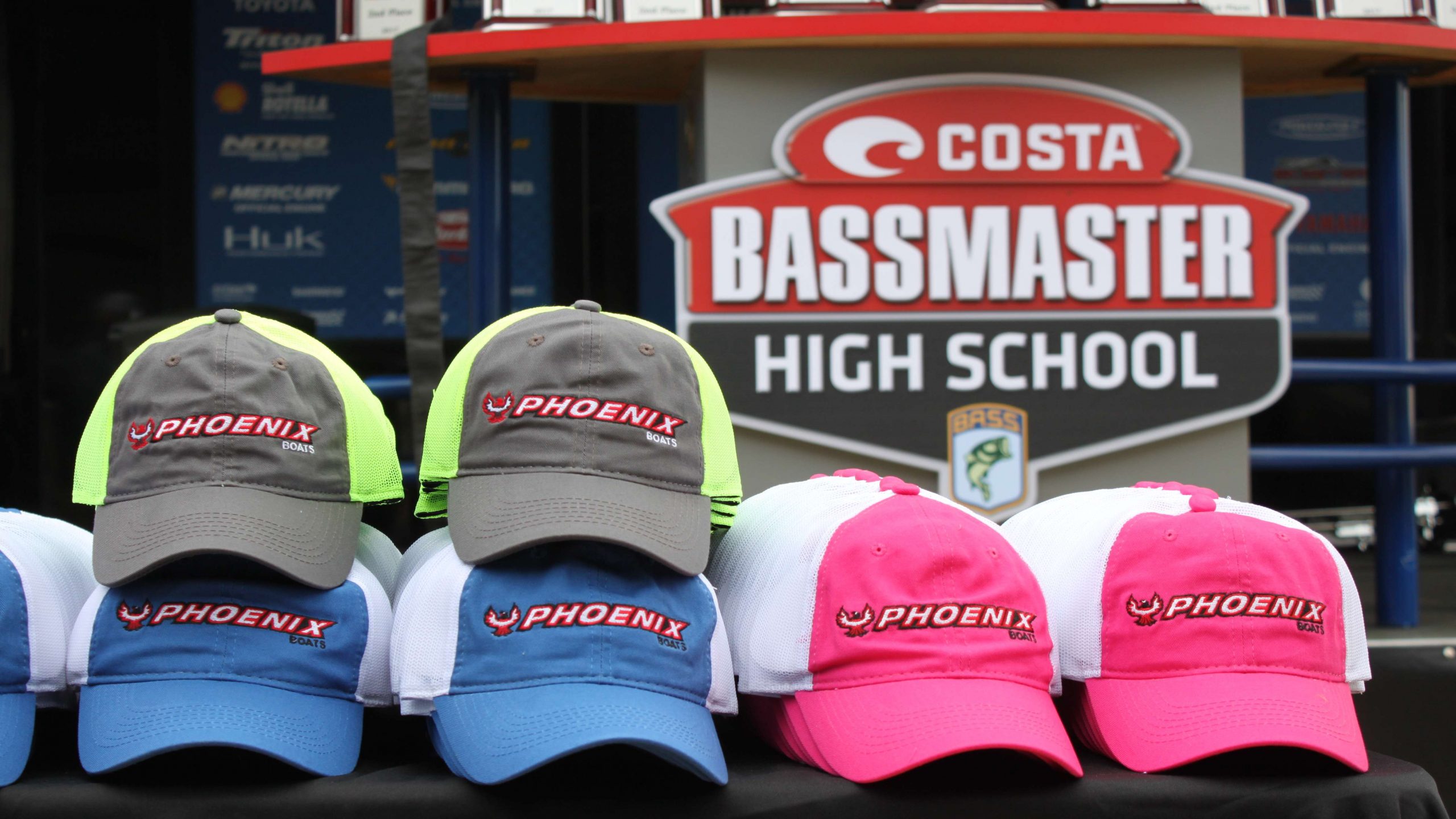 Phoenix Boats is a sponsor and a variety of brightly colored
hats were handed out to the high school anglers on Friday.