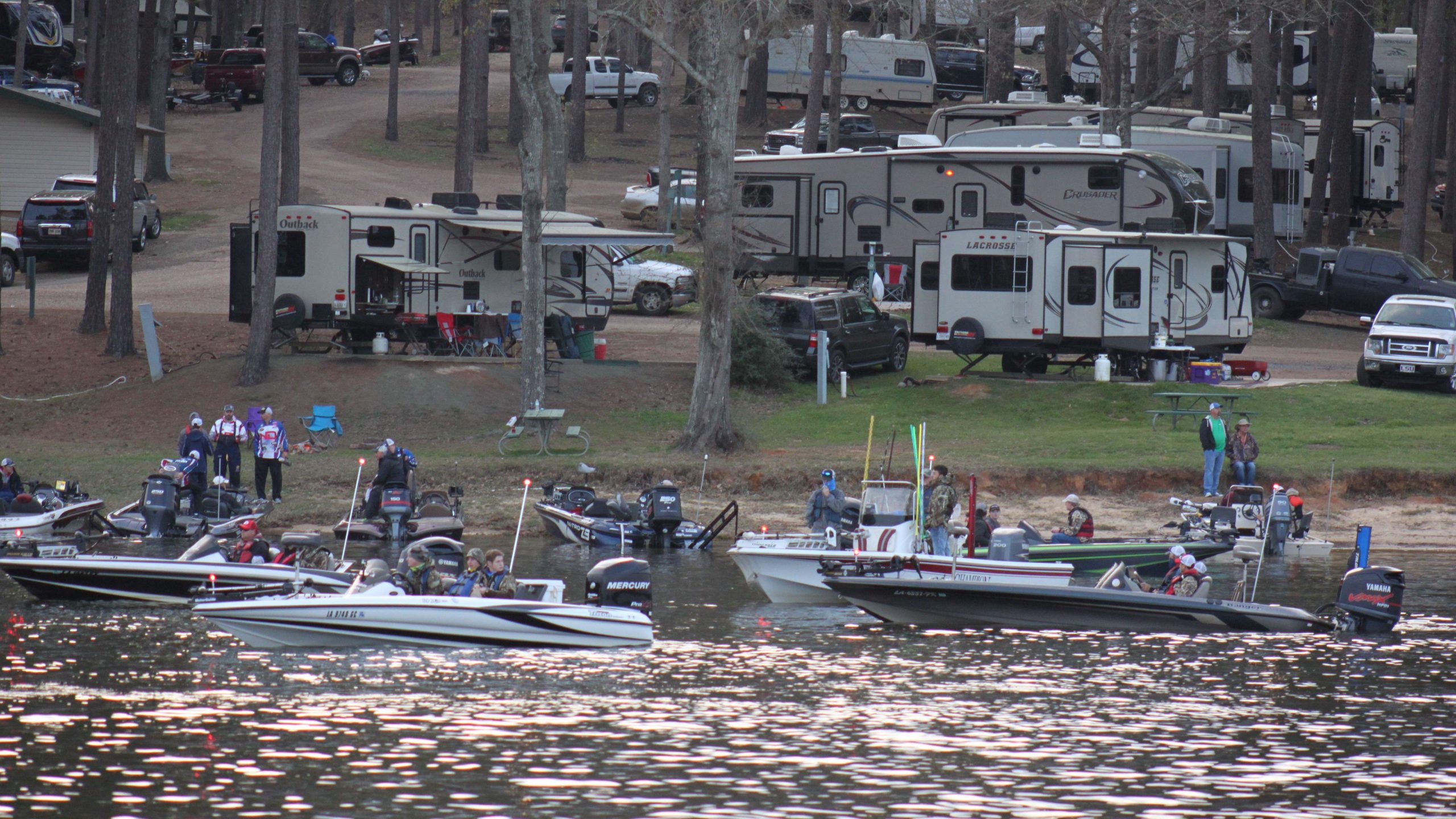 With half the field already gone, the Cypress Bend Marina still was filled with boats at daybreak. Check out the campers in the background. A lot of the teams are staying nearby.