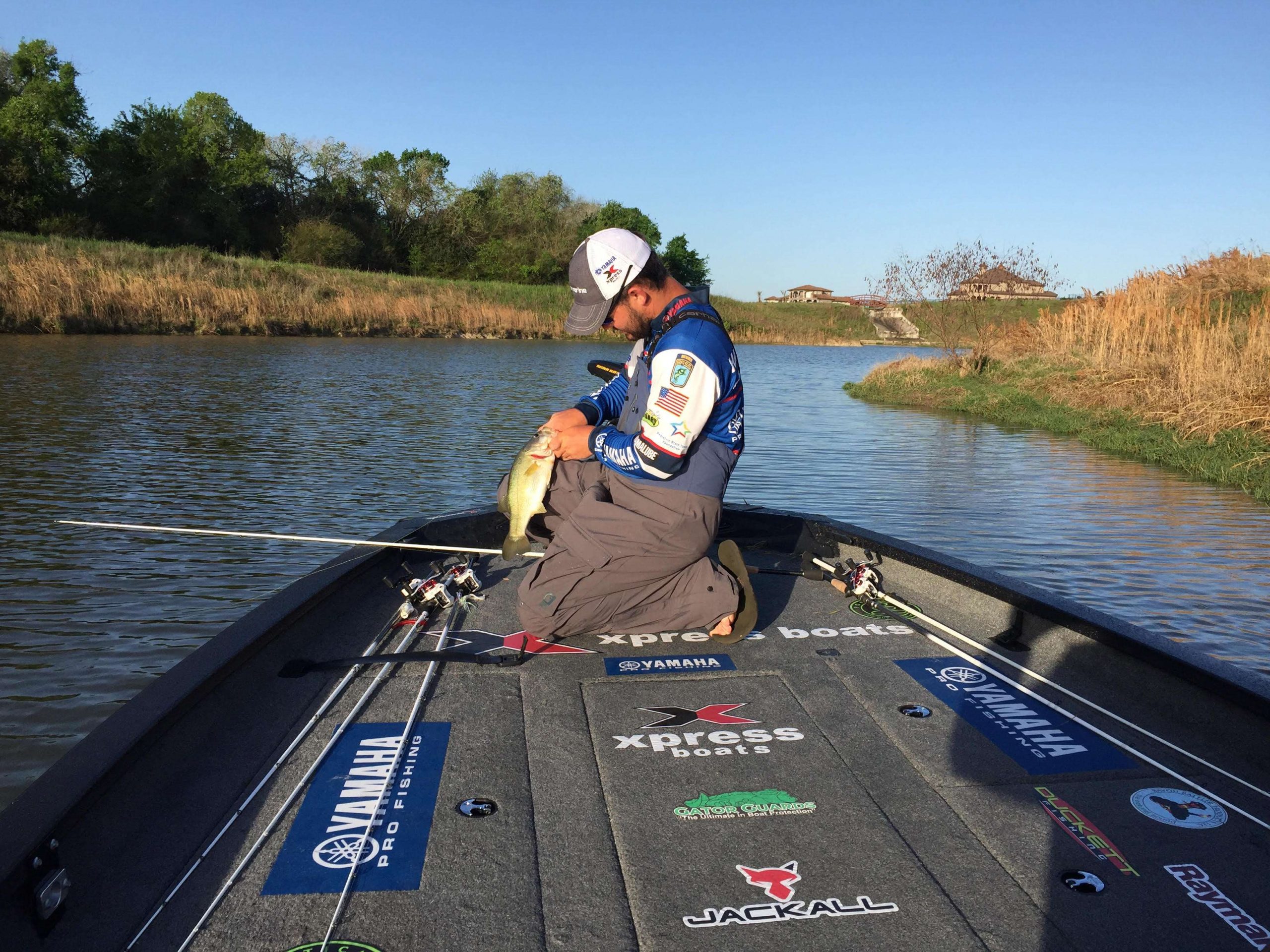 Skylar Hamilton caught several short fish early on Day 2, but similar to a frustrating Day 1 the larger fish he located in practice, appeared to have abandoned his primary spots, leaving him searching for new water or a new pattern.