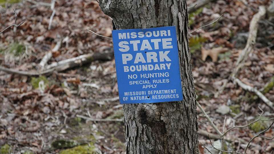 There was a sign on a tree that explained that hunting was prohibited in the woods of the State Park.