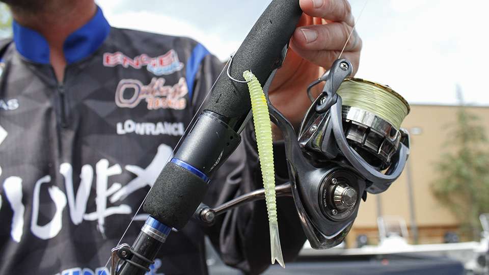 Douglas paired it with a 1/0 Gamakatsu Aaron Martens TGW Drop Shot Hook. He added a 3/8-ounce Reigns TG Drop Shot Slim Weight. The lure features Koltâs Bubble Pocket that creates bubbles to emulate real fish breathing.
