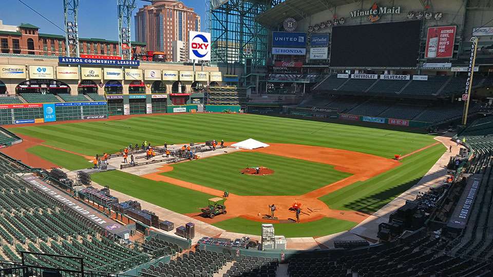 The Classic weigh-ins were to be held at the Houston Astrosâ Minute Maid Park. Hard plastic boards were laid down on the small areas of grass that the Classic needed for the drive-through weigh-ins. With a game in several days, the Astros were adamant their grass not be disturbed. B.A.S.S. gave employees and anglers strict instructions to stay off the grass.