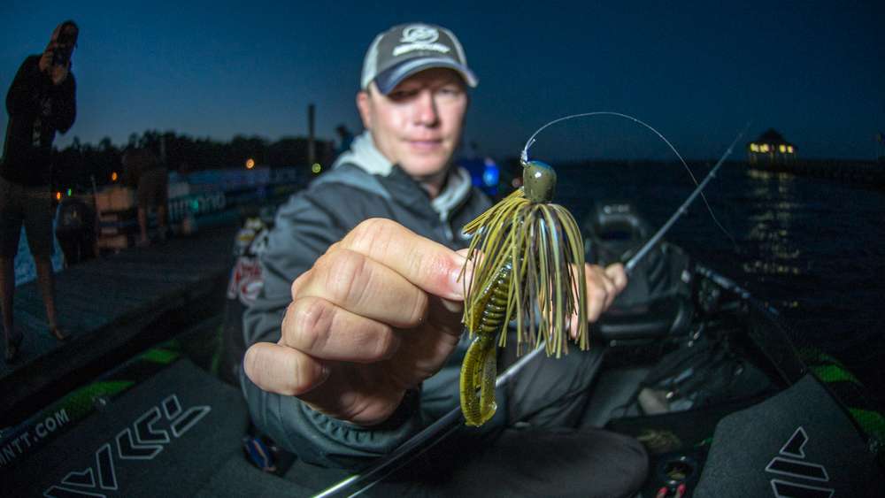 <b>Andy Montgomery</b><br> Andy Montgomery targeted docks using flipping and skipping tactics. His primary bait was this 1/2-ounce Strike King Tour Grade Skipping Jig. For more strike appeal he added a 4-inch Strike King Rage Bug. Blue craw was the color of choice for both baits. 