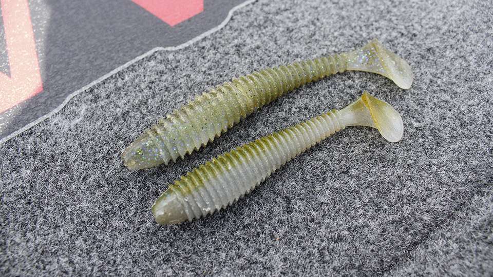 Grigsby used this 3.75-inch Strike King Rage Swimmer, green pumpkin, rigged on 4/0 Eagle Claw TroKar TK 140 Swimbait Hook. Alternatively, he used a 4-inch Strike King Rage Bug, Blue Bug, rigged to a 4/0 TroKar TK 120 MagWorm Hook. He used 1/4-ounce sinkers for both rigs. 
