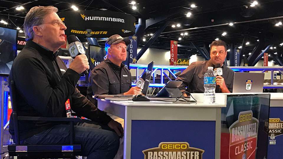 Tommy Sanders, Davy Hite and Mark Zona go through a rehearsal for Bassmaster LIVE early on Day 1, well before the 7 a.m. CT air time.