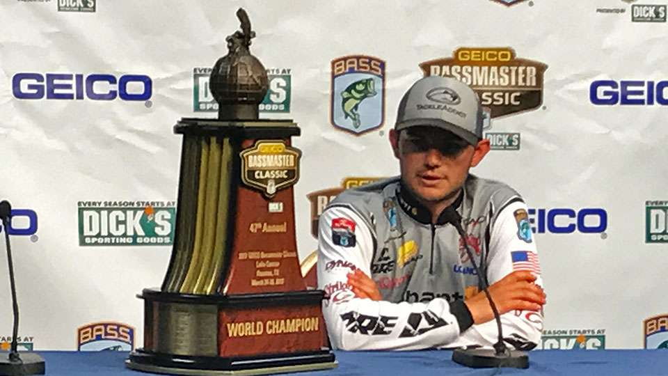 Jordan Lee sits down in the press conference room, still somewhat in disbelief, to tell reporters his thoughts on winning the 47th Bassmaster Classic and how he did it. He rambled on stage a bit -- he did shock himself -- but his thoughts were more coherent in the press room.
