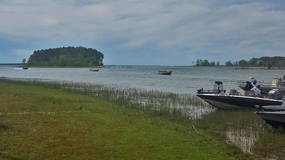 Boats swing in for check-in at the open tournament on Saturday. The bass were chewing.