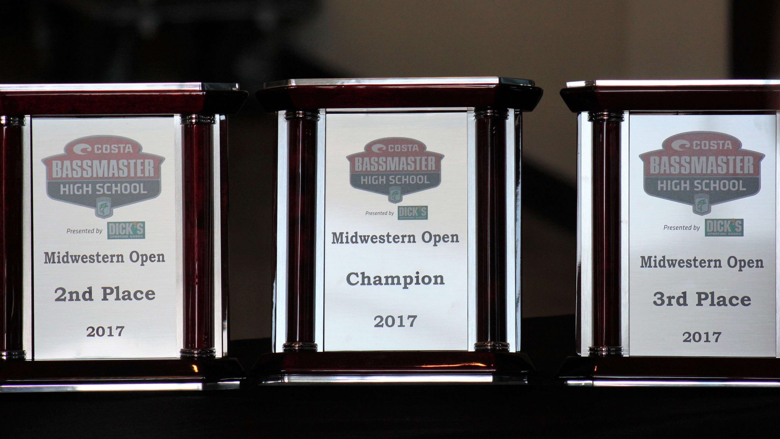 And every team would love to go home with one of these â a first, second, or third place trophy in the Costa Bassmaster High School Midwest Open presented by DICKâs Sporting Goods. Sundayâs take-off is at Lake of the Ozarks State Park at 7:30 a.m. Weigh-in will begin at 3:30 p.m. at the same location. Be sure to catch all the action right here on Bassmaster.com.