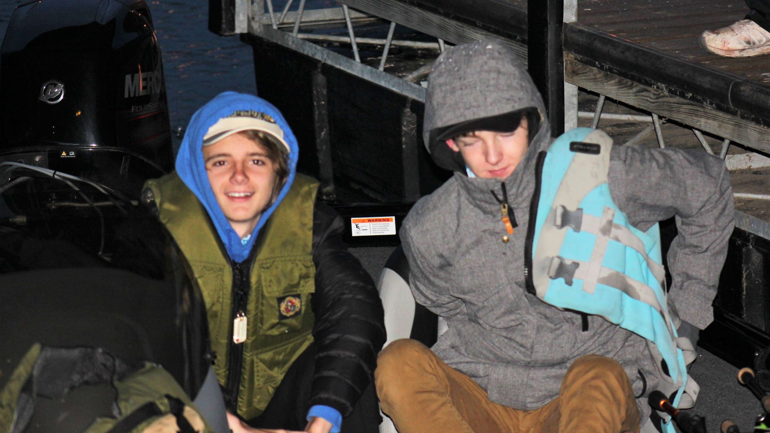  James Helfer and Drew Schrand were napping on their boat a few seconds before the camera flash startled them. They sat up long enough to smile for this photo. The boys fish with the Southeastern Bass Anglers of Indiana.
