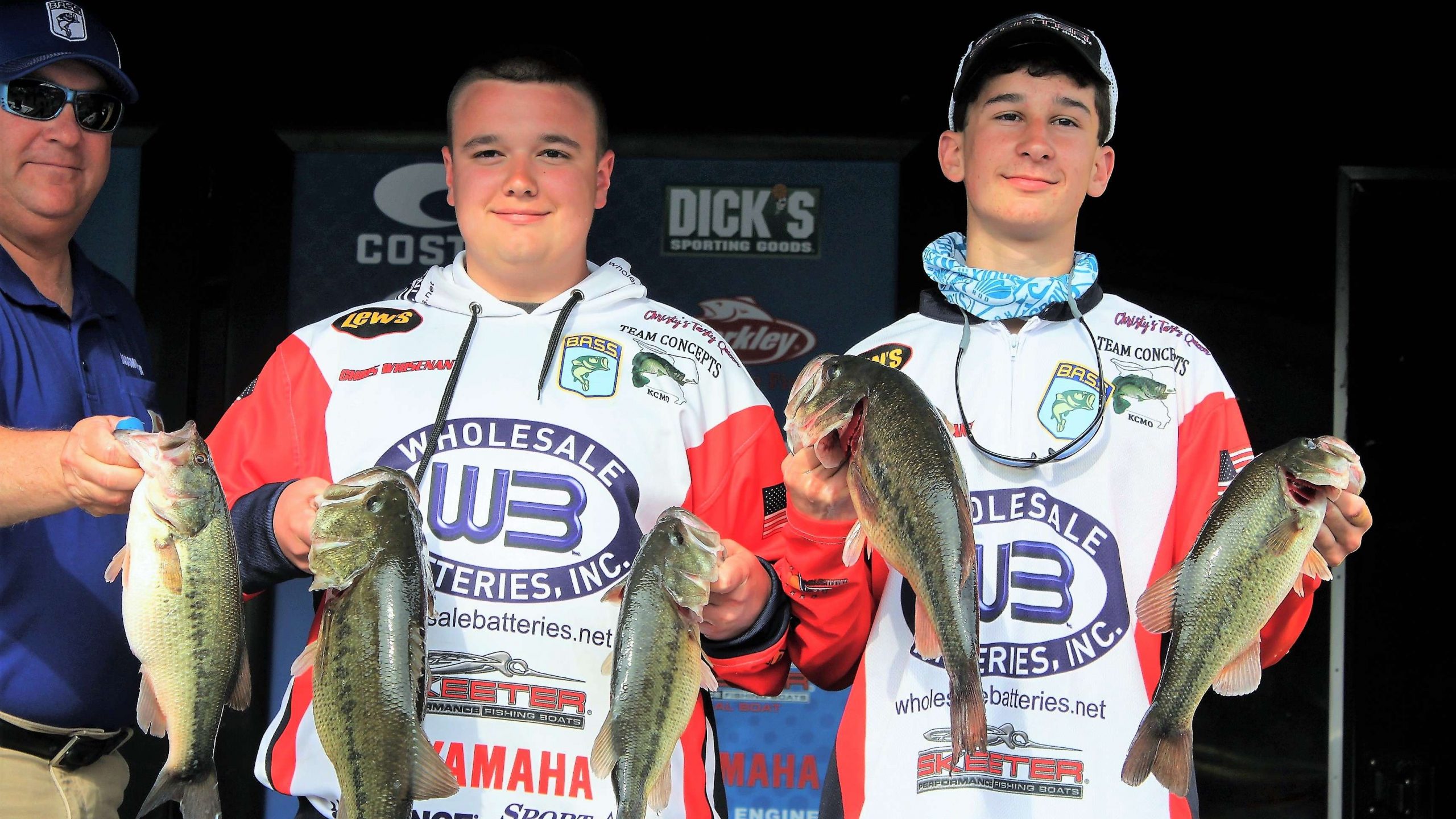 And here comes the haul of the day courtesy of Trevor Whisenant and Brett Lasley from the Kickback High School Bass Club in Kansas. They weighed five bass that totaled 16-8 pounds.