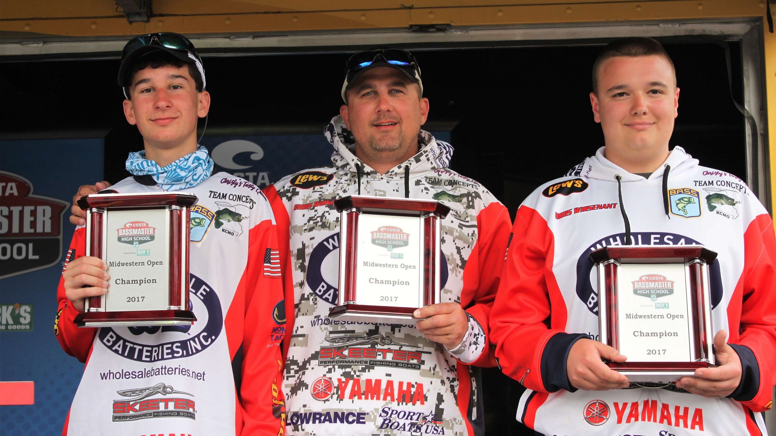 And there they are, the champions of the Costa Bassmaseter High School Midwest Open presented by DICK'S Sporting Goods! Pictured, from left, are Trevor Whisenant, his dad and boat captain Chris Whisenant, and Brett Lasley.