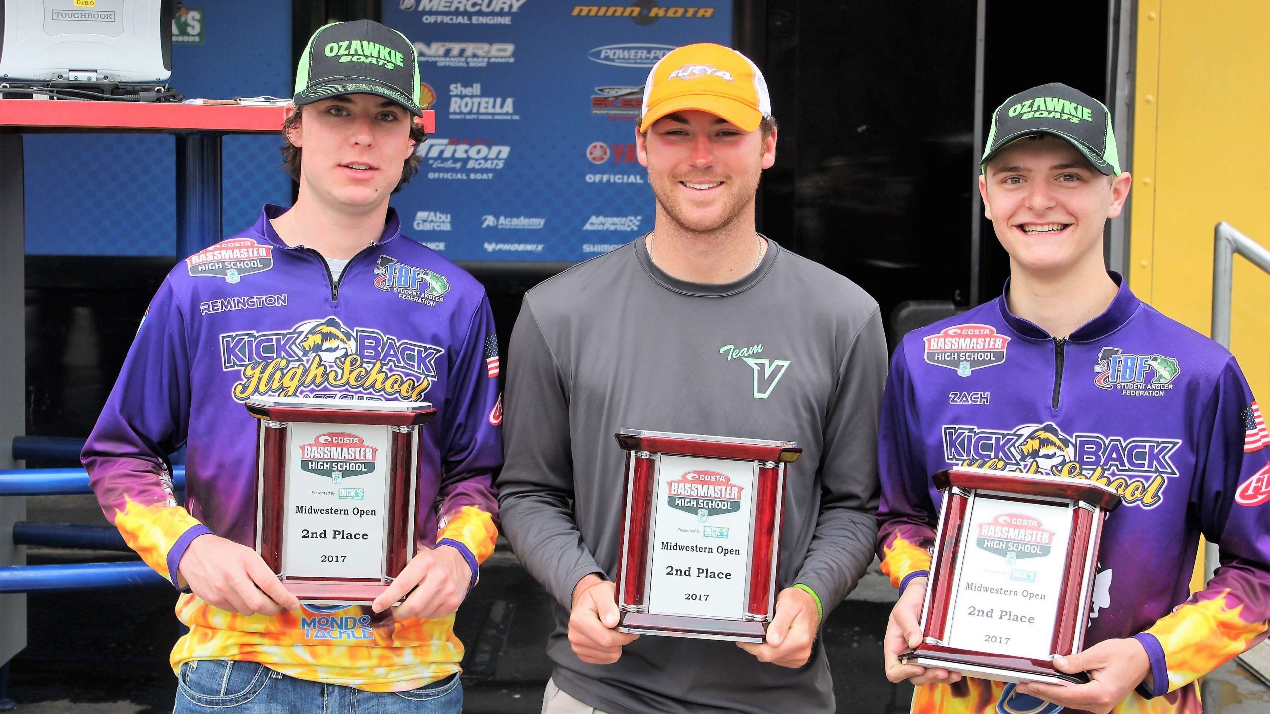 Here's the second place team, from left, Remington Wagner, boat captain Sheldon Roggee, and Zach Vielhauer. They won $500 for the Kickback High School Bass Fishing team back in Kansas.