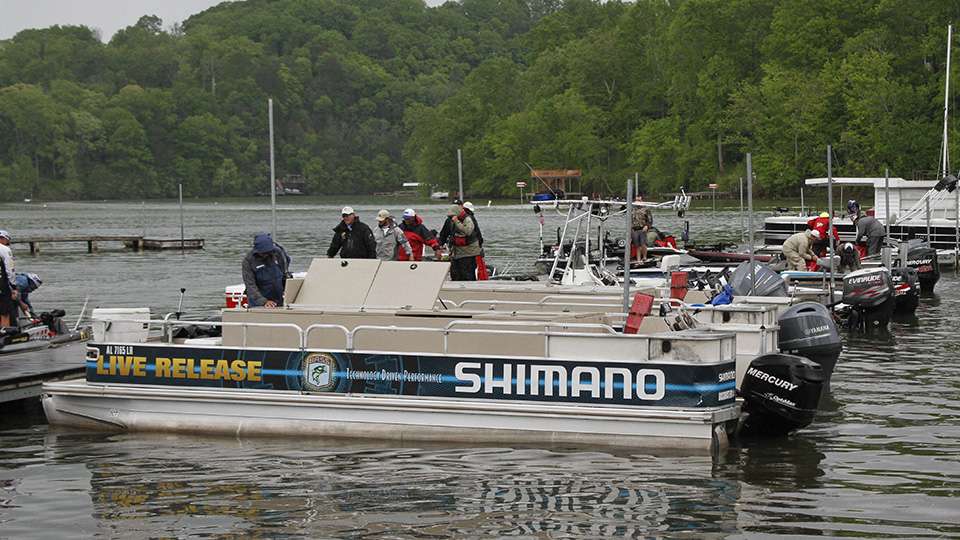 Boats check-in at the Dayton Boat Dock on Day 2 of the Bass Pro Shops Bassmaster Southern Open #2 on Lake Chickamauga.