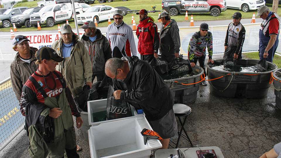 Anglers gather backstage as the weigh-in begins.