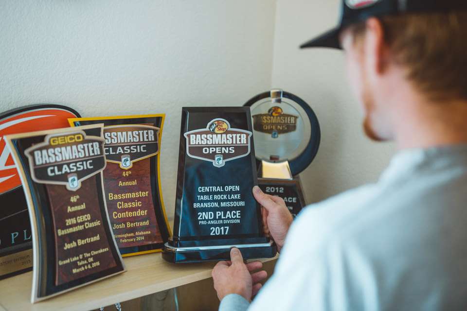 He then adds it to his impressive trophy collection. Making it a little easier to reflect back on the fishing and the memories made at the 2017 Bassmaster Open on Table Rock Lake. 