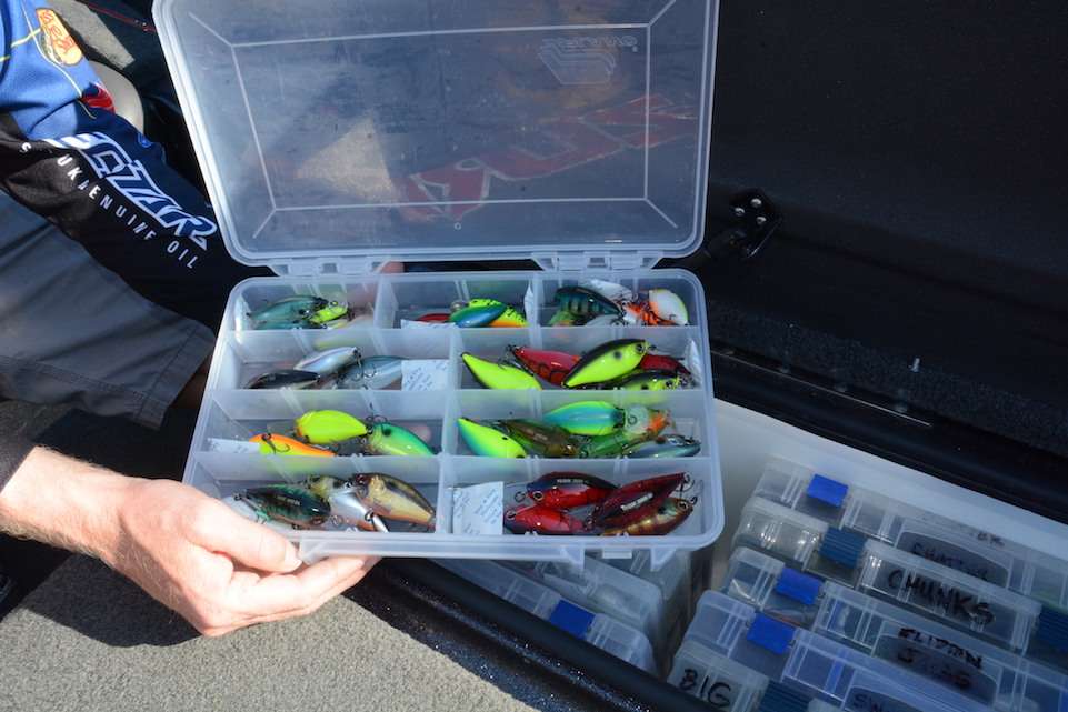 An example of that organization is this box filled with Yo-Zuri crankbaits. When needed he can grab the box, opening the lid and choosing a lure. 
