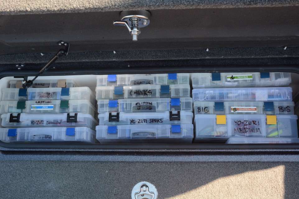 The port side storage is the perfect design and size for storing boxes filled with hard baits of all types. Shallow and medium runners each get a box, and so do jerkbaits. âI can open the storage lid and easily see the label of every box.â 
