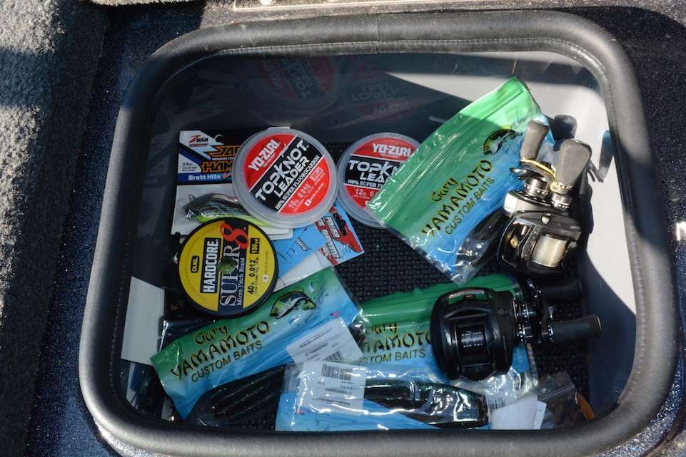 This is the Day Box. Frequently used lures, terminal tackle and anything else needed for a given day get stored in this small space. The Day Box is conveniently located on the bow where Card spends most of the day. 
