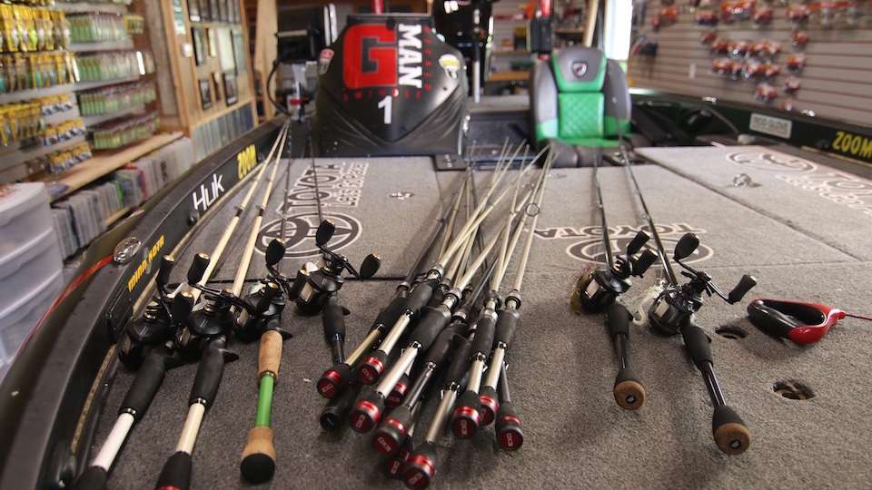 These Quantum rods and reels on the front deck demonstrate how functional the space is for easy access to line, lures and terminal tackle located nearby.  