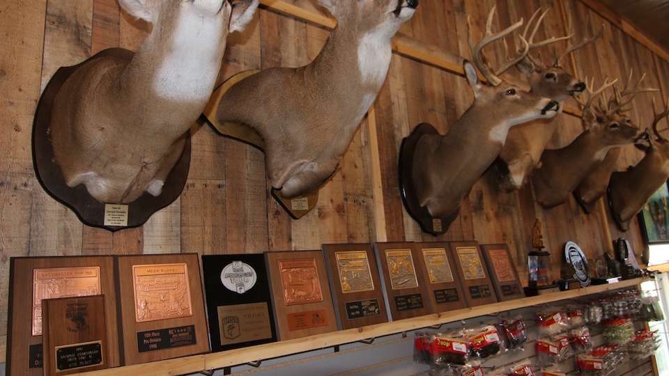 Lining the other wall are more plaques and mounts. âThe deer mounts might be overkill but thatâs what we do,â he added.  