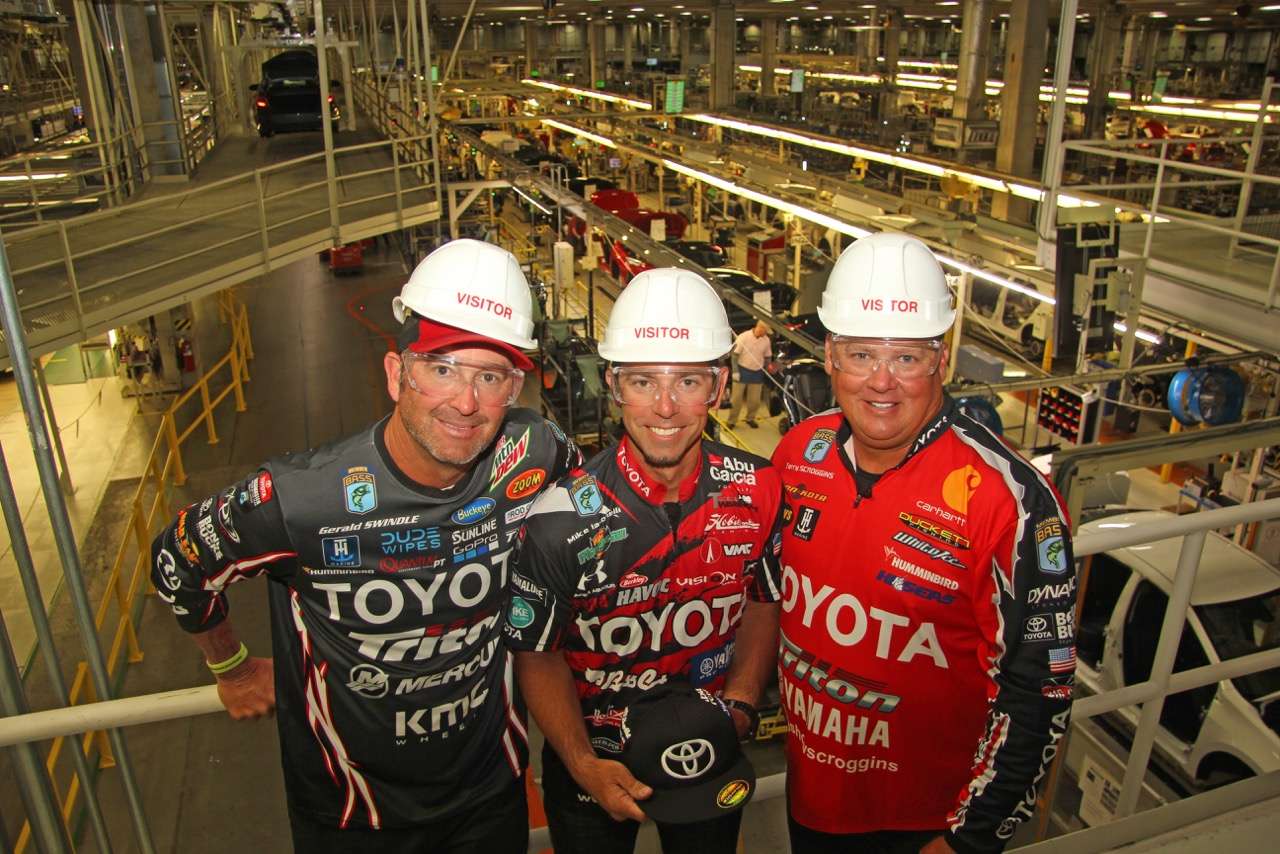 Toyota pros Gerald Swindle, Mike Iaconelli and Terry Scroggins recently spent an entire day visiting the Toyota Motor Manufacturing facility in Northern Mississippi where several avid anglers proudly work and have their own bass club at the plant. 
