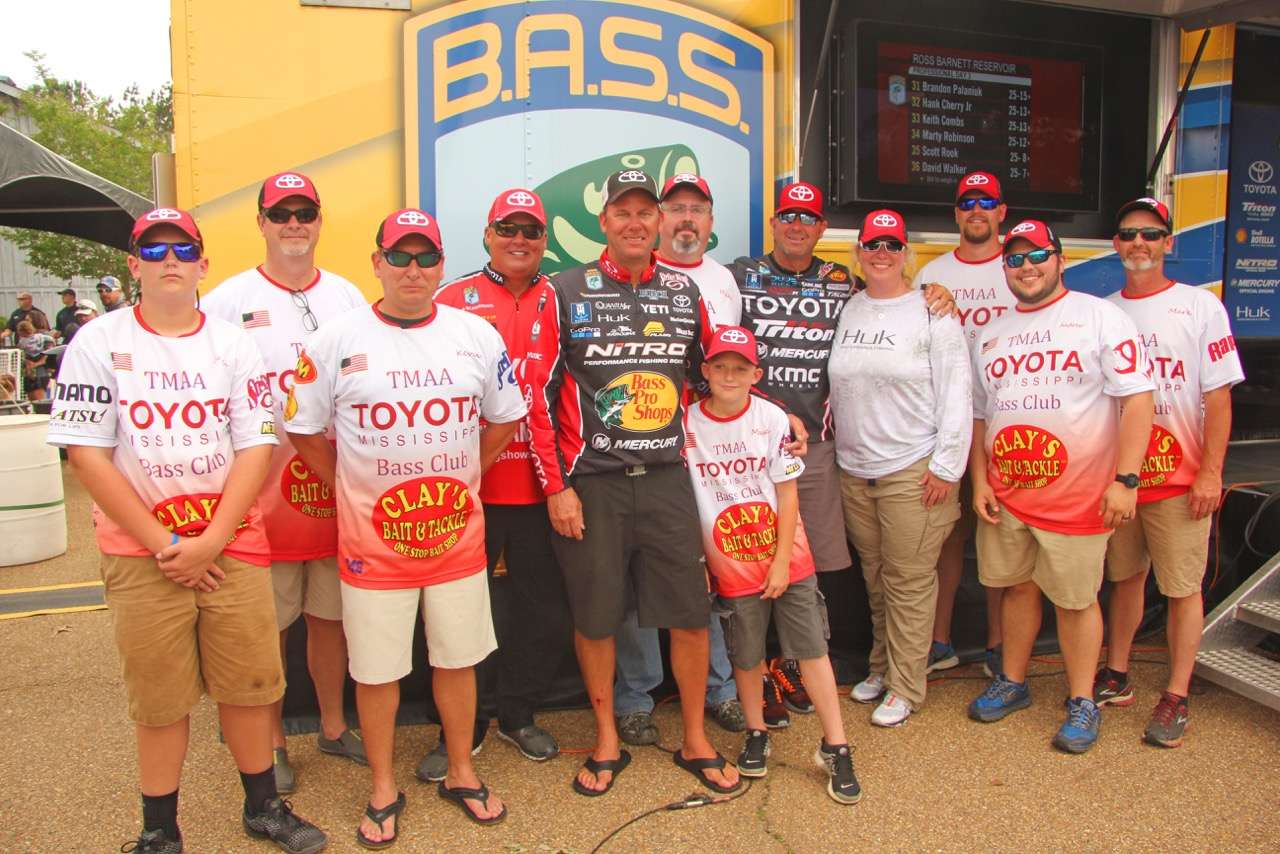 Toyota Mississippi Bass Club members spent the day before videotaping and hanging out with Scroggins, VanDam and Swindle as VIP guests at the Basssmaster Elite Series event on Ross Barnett, three hours south of the manufacturing facility. 