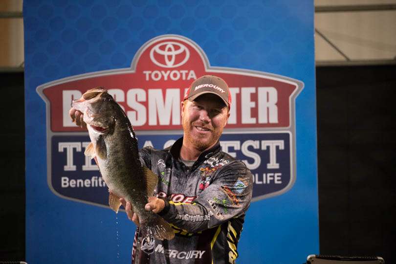 Greg Vinson shows off the Day 2 Big Bass leader, weighing 8-5. 