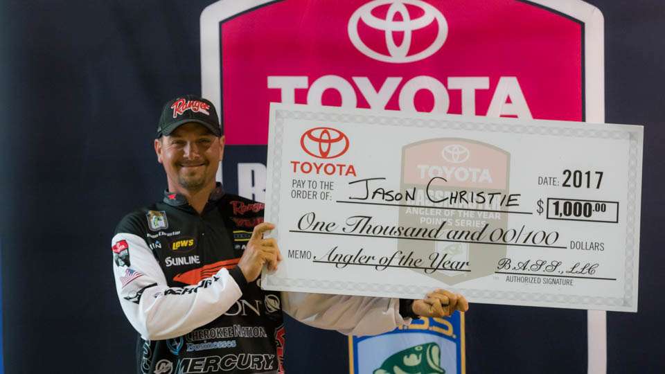 Christie, who finished 7th, with 74-14, earned Toyota's $1,000 bonus for leading the AOY race. He picked up 30 points this week.