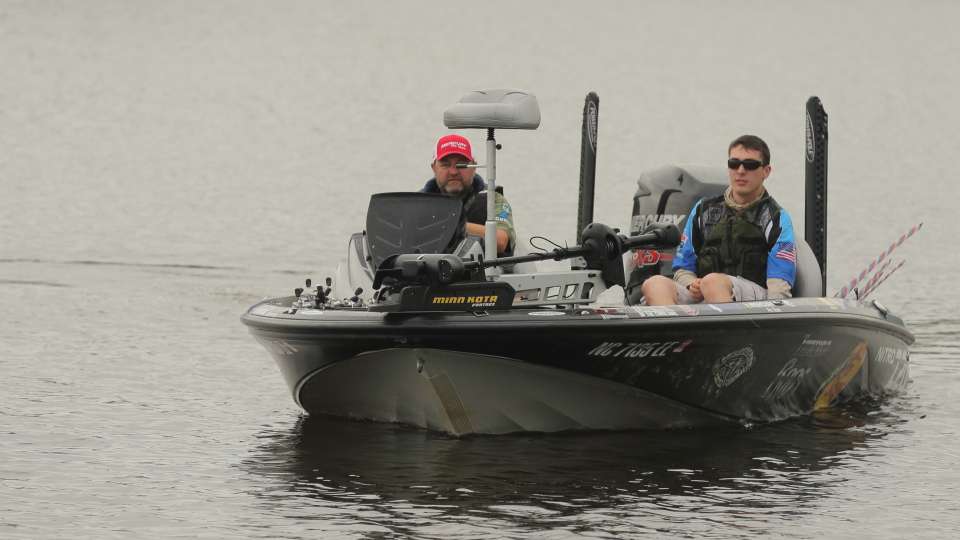 Elite Series pro David Williams and partner Perry Marvin of New York wait to head out on the lake.
