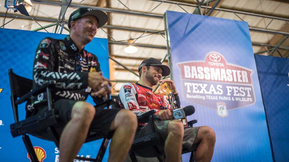 1st place, Brandon Palaniuk, sits next to 2nd place, Brent Ehrler, for interviews on Saturday. Who will take home the title on Championship Sunday?