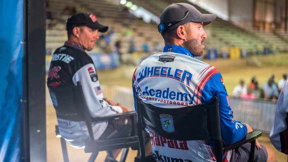 Jason Christie and Jacob Wheeler await more questions during a fan interview portion of the Toyota Bassmaster Texas Fest benefiting Texas Parks and Wildlife Department. 