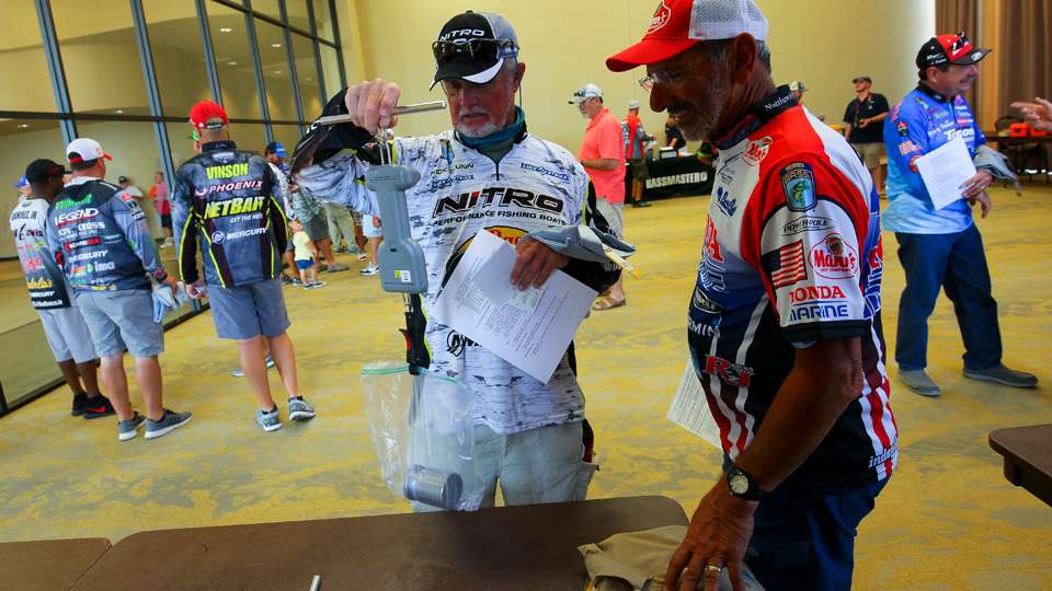 Rick Clunn and Paul Elias took a  look at the scales that will be used to record fish weights from the judges that will be present in every boat. 