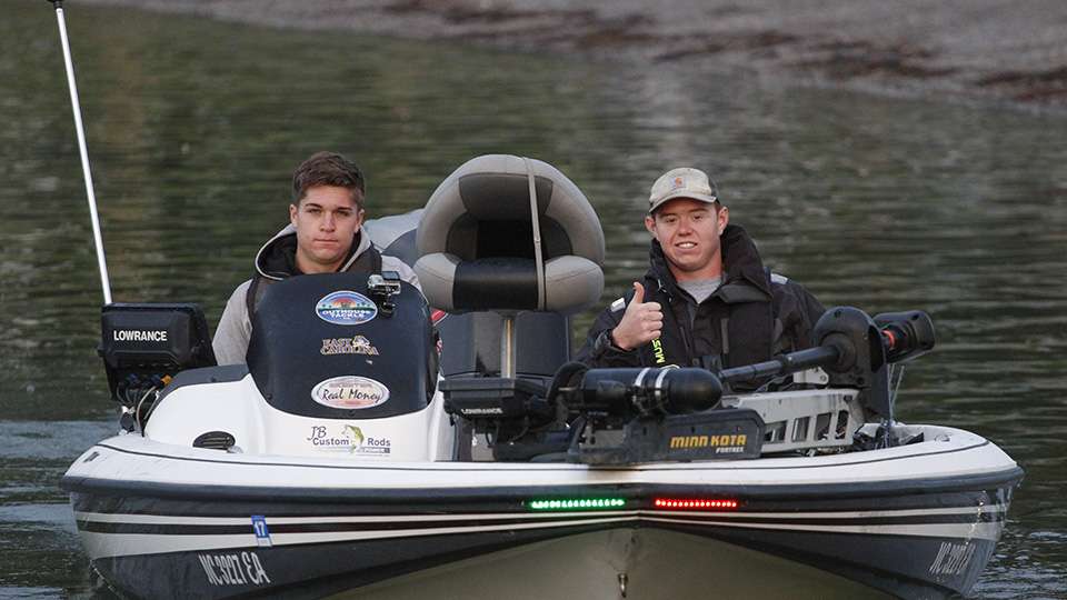 Jordan Wise (left) and Chris Phinney of East Carolina give a thumbs up as they go through. This is possibly their last college event fishing together, unless they make the National Championship like they did last year.
