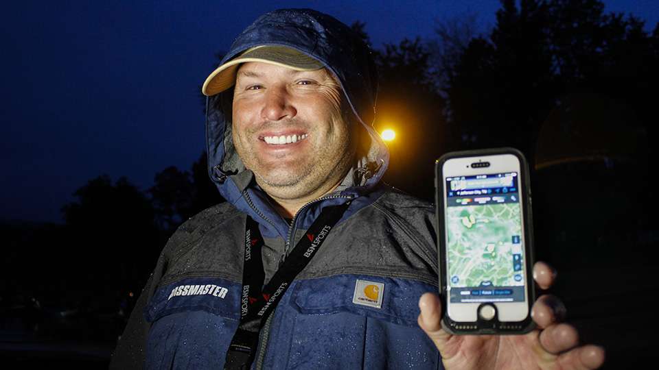 B.A.S.S. tournament official Heath Laney is all smiles in his Carhartt rain gear even with the storm chances today.