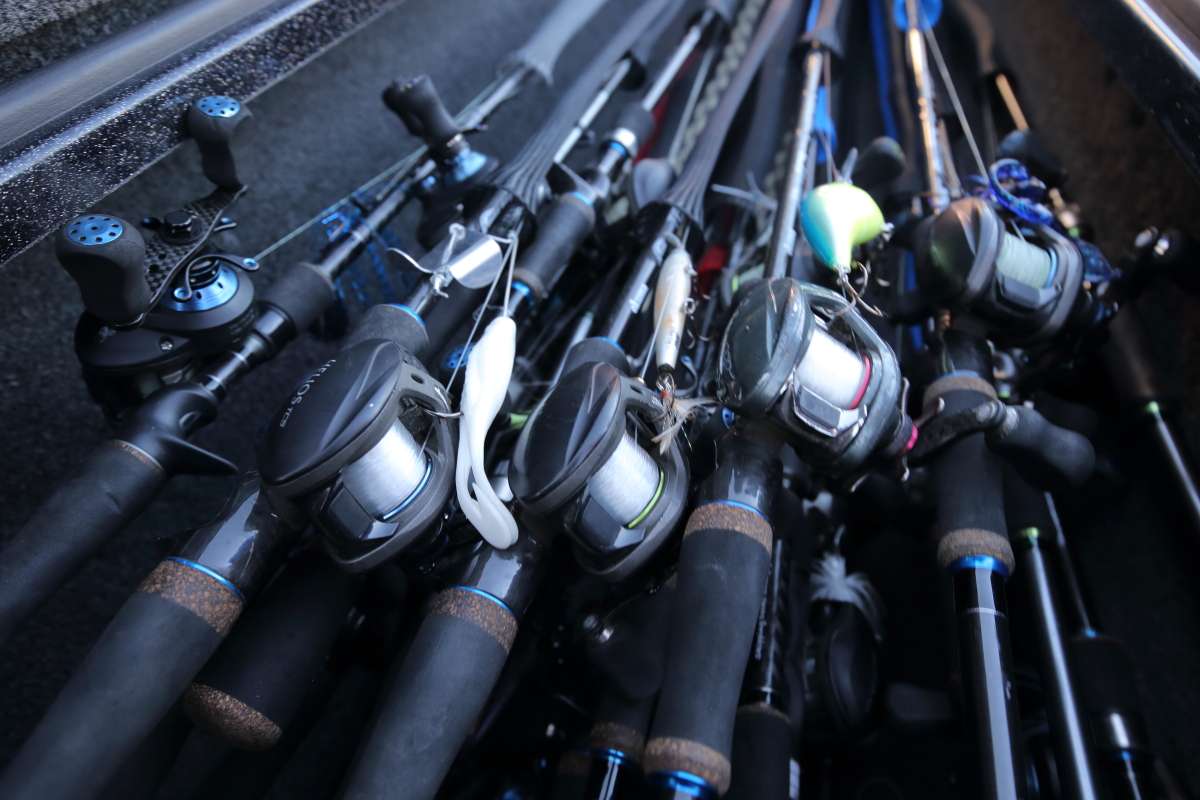 Because he knows he's going to need multiple different setups, Wheeler keeps rods rigged with a little bit of everything â 14-pound line, 20-pound line, fluorocarbon, braid â whatever he thinks he might need. Since rate of fall is so important when he's fishing, he likes to have many variations ready for every situation.