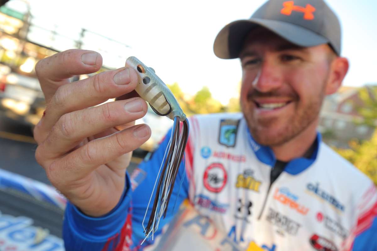 Here's a Terminator Popping Frog in the bluegill pattern that Wheeler says works well for bass when the bluegill are spawning in shallow water.