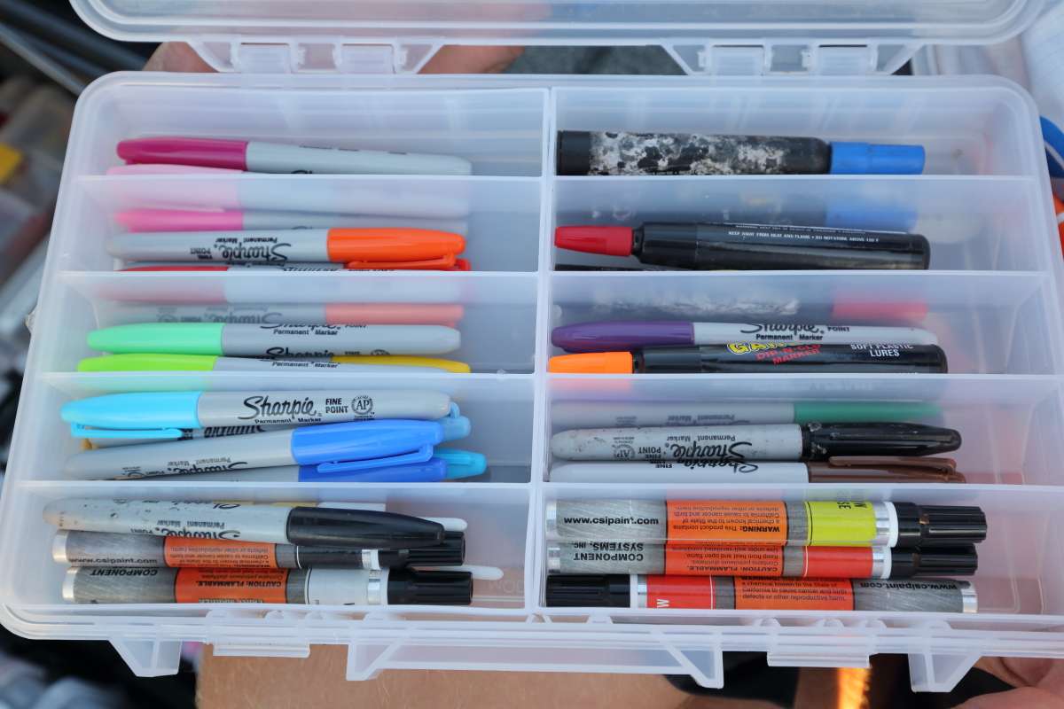 A box of Sharpies allows Wheeler to make quick modifications on his baits. 