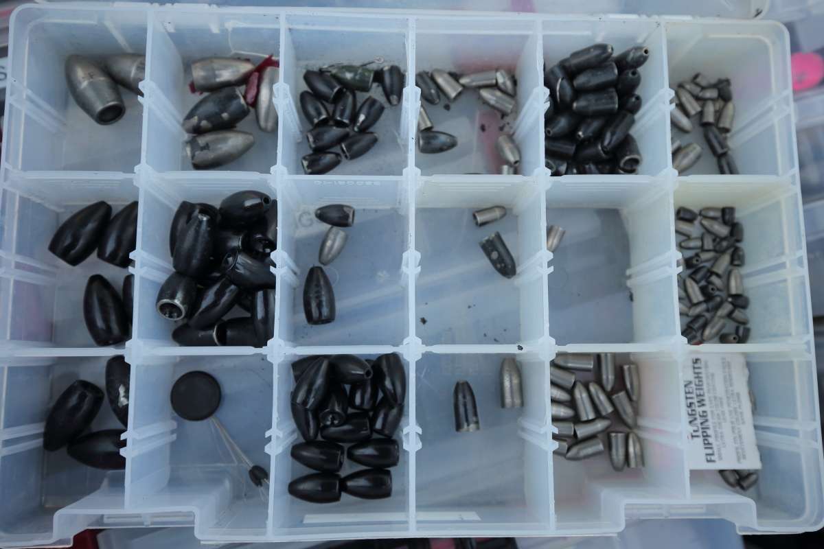 The box of VMC Tungsten weights that Wheeler says he can't live without.