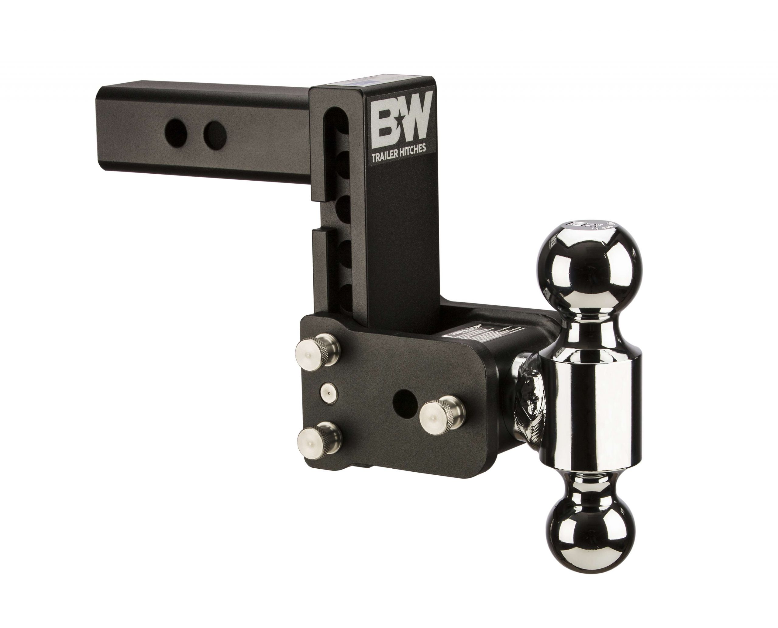 The Tow & Stow Adjustable Ball Mount is the only trailer hitch for the serious outdoorsman. Whether youâre pulling your boat to the lake, or a camper to the mountains, the Tow & Stow has you covered. It is adjustable in height for level towing, features multiple ball sizes and stows behind the bumper when not in use. Solid steel construction. Available in black, chrome or BrowningÂ®. B&W Trailer Hitches are proudly American Made.