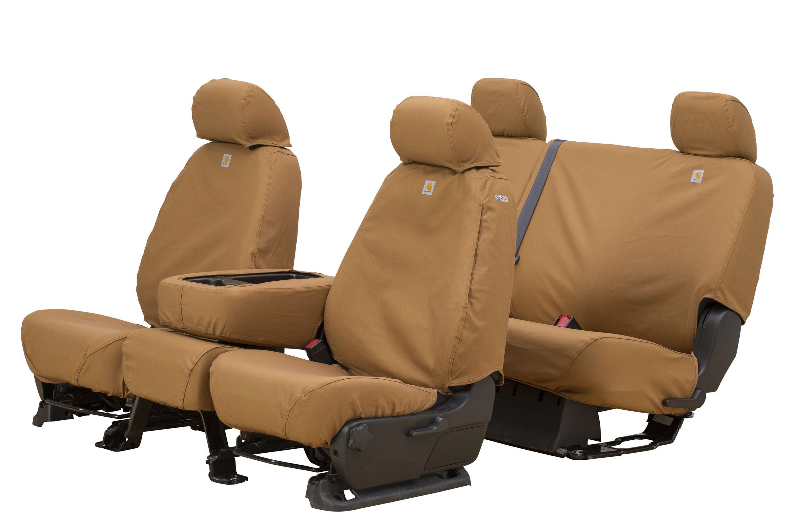 Donât let the good looks fool you. These seat covers are tough as nails with heavy-duty, firm-hand Carhartt duck weave fabric and triple stitched main seams.