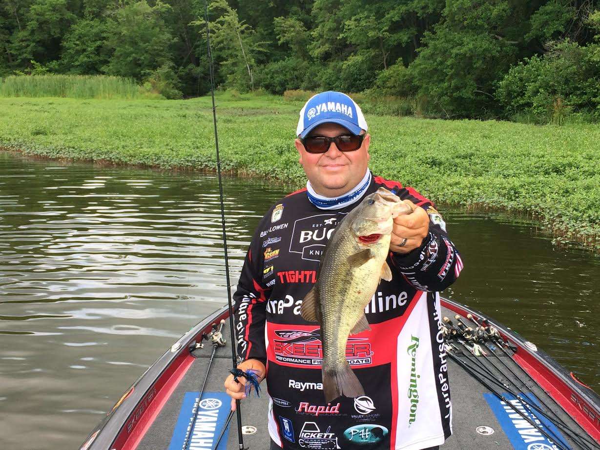 After a slow start and a trip to the service yard, Bill Lowen has four fish in the boat. 