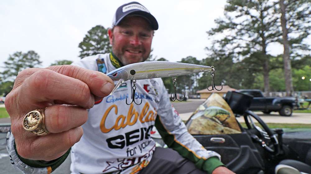 He also loves to catch bass on a suspending jerkbait. If he had one color to choose, it would be a shad pattern, such as the one he's holding above. Jerkbaits take some practice, but they are a deadly presentation when the fish are feeding on suspended bait like shad or herring. 