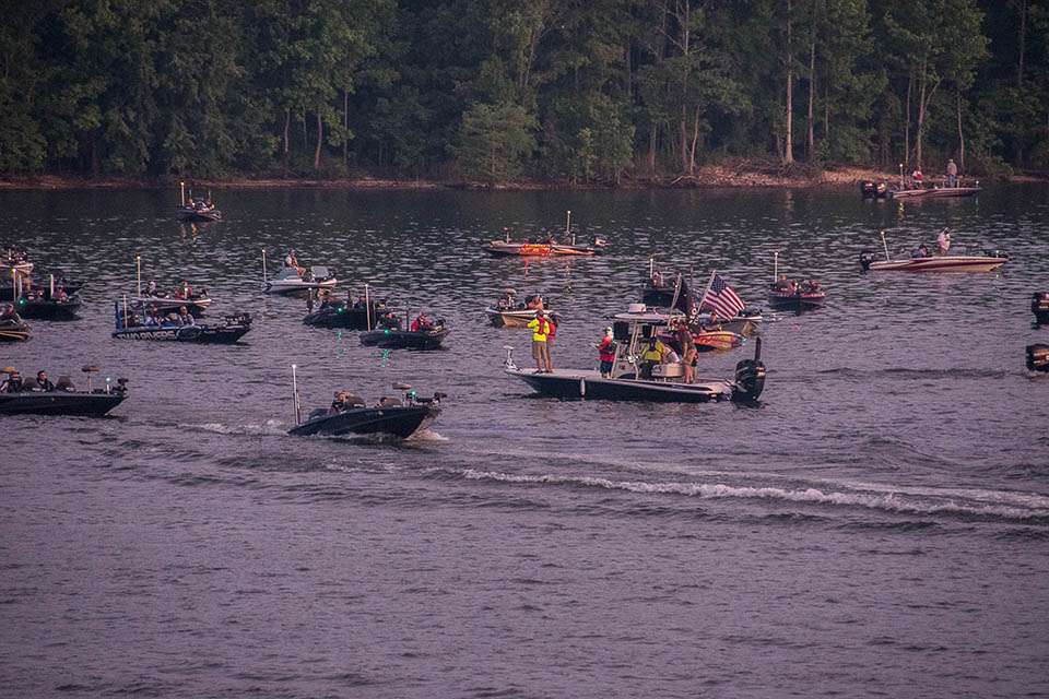 With 400 teams, take-off is a controlled chaos.  The start boat calling out boat numbers in the order their entry form was received.  If you're looking to fish the TOT in the future, the earlier you sign up, the better boat number and starting position you get.
